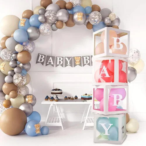 Vista 7 de Cajas de bebé con 4 piezas de letras blancas claras de globos para baby shower y fiesta de cumpleaños