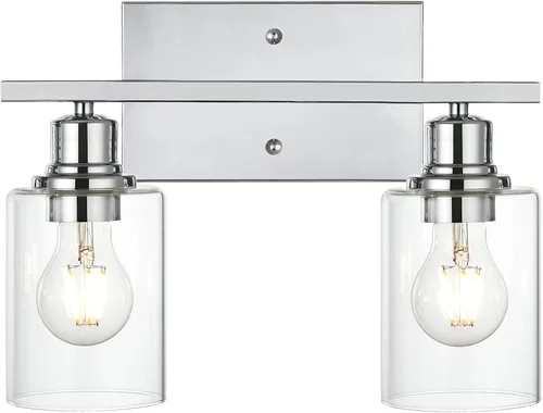 Vista 9 de Lámpara de pared de 3 luces de níquel cepillado de metal, lámpara de tocador de interior con pantalla de vidrio transparente, accesorios