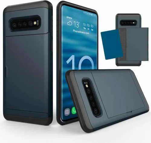 Vista 10 de Funda para Galaxy S10 Plus, ultrafina, a prueba de golpes, parte trasera dura, de silicona de doble capa, protector para tarjetas de crédito, ranura