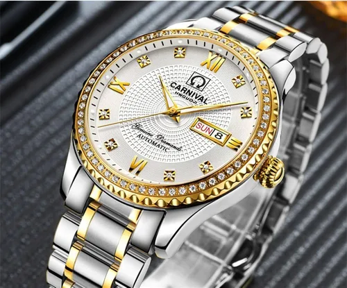 Vista 5 de Gosasa Relojes de oro de lujo hechos en Suiza, relojes de diamantes de acero inoxidable dorado luminoso de la semana del calendario de la exhibición