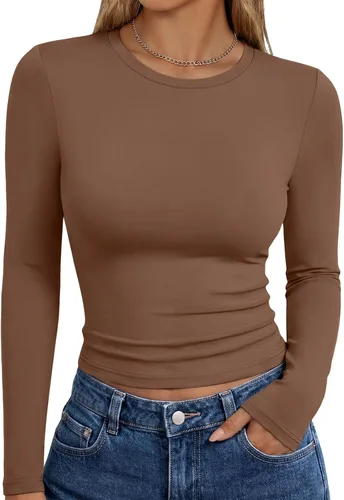 Vista 48 de Trendy Queen Camisetas de manga larga para mujer, camisetas básicas de Verde militar