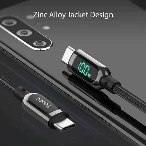 Vista 7 de SOOPII cable USB C de 100 W 0,30 mt, cable USB C a USB C de carga rápida, cable trenzado de nailon con pantalla LED para lPhone 16/15 Pro/15 Plus/15