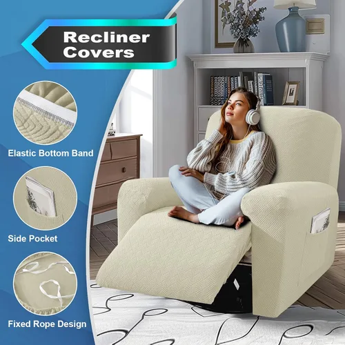Vista 3 de JIVINER Fundas reclinables de gran tamaño de 3 piezas para sillón reclinable grande con bolsillos, tela jacquard elástica Lazy Boy funda para sofá