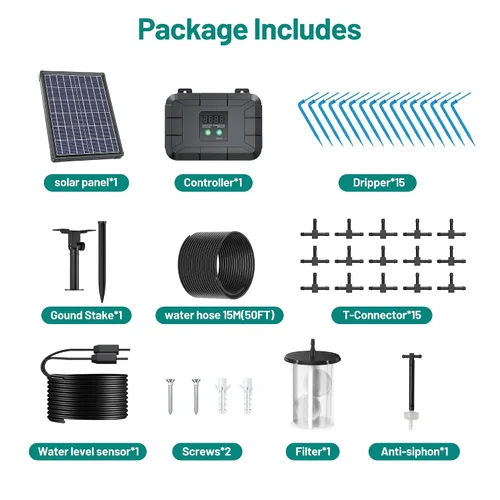 Vista 6 de Kit de riego por goteo automático Biling, sistema de riego solar de 8W con batería para jardín con modos de temporización programables digitales
