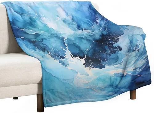 Vista 16 de Manta abstracta de acuarela azul mar, verde, menta, azul marino, pintura abstracta del océano, manta suave de 30 x 40 pulgadas, manta ligera