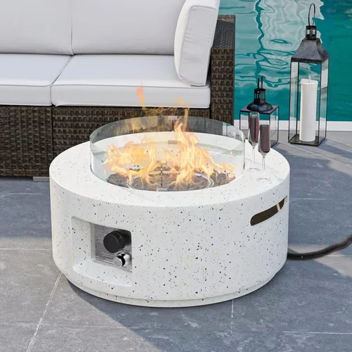 Vista 10 de HOMPUS Fogata de propano para exteriores, 40,000 BTU de 28 pulgadas, mesa redonda de hormigón de terrazo blanco con rocas de lava y cubierta