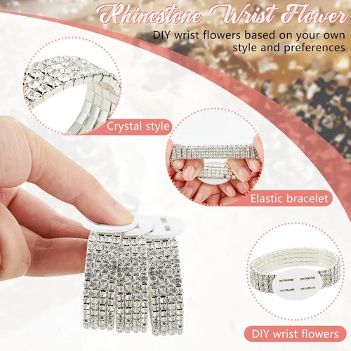 Vista 3 de Junkin 6 pulseras de ramillete con diamantes de imitación, elásticas, para decoración de bodas, bailes de graduación, aniversario (plateado)
