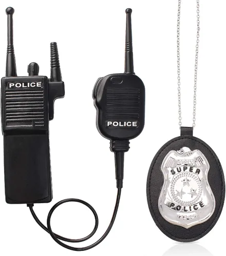 Vista 4 de Beelittle - Kit de policía, gorro de policía con esposas, walkie talkies, esposas, placa y lentes