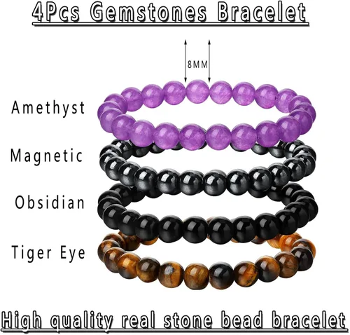 Vista 2 de XIUQILAI 4 pulseras de cristal curativo de 0.315in para mujeres y hombres, pulseras de la amistad, cuentas naturales, preciosas piedras