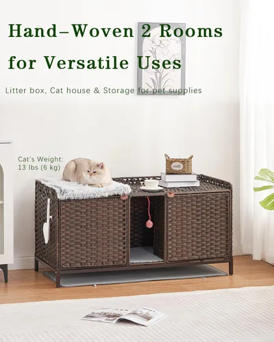 Vista 2 de SETVSON Caja de Arena para Gatos para 2 Gatos, Mueble Oculto de Caja de Arena con Alfombra, Casa Grande de Ratán para Gatos con Habitación Doble