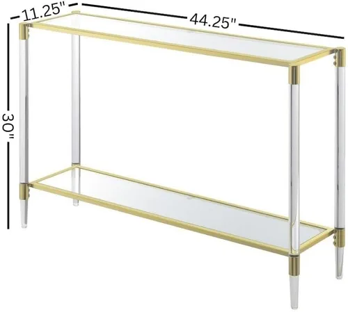 Vista 7 de Furnifact Mesa consola de 2 niveles, mesa de cristal transparente estrecha con patas acrílicas y marco cromado dorado, pasillo o sofá