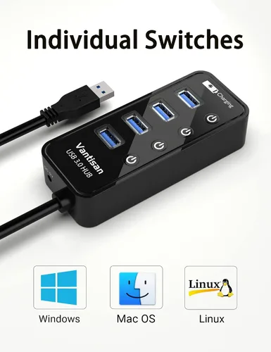 Vista 6 de vantisan Concentrador USB 3.0 alimentado, extensión USB de 4 puertos USB Hub Splitter (4 puertos de datos USB 3.0 + 1 puerto de carga inteligente)