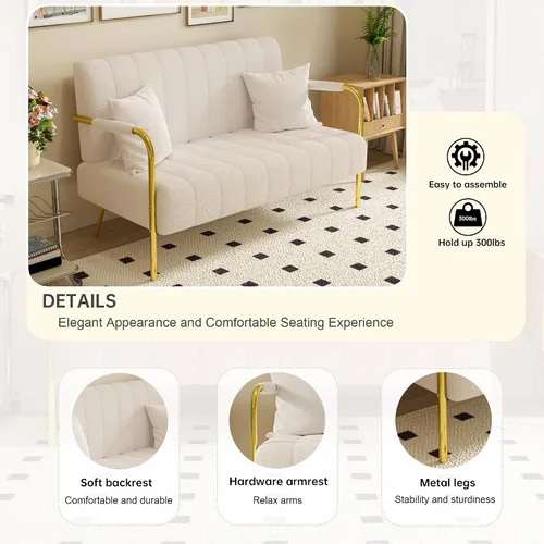 Vista 3 de anwickjeff Sofá biplaza moderno de 59 pulgadas, cómodo sofá de forro polar de peluche con 2 almohadas y patas de metal, mini sofá tapizado de 2 Beige