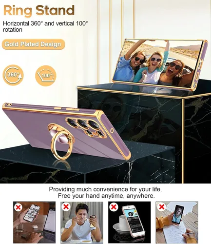 Vista 3 de LeYi Funda para Galaxy S22 Ultra: Soporte de Anillo Giratorio 360°, Soporte Magnético con Patilla, Borde Protector Chapado en Oro Rosa para Funda