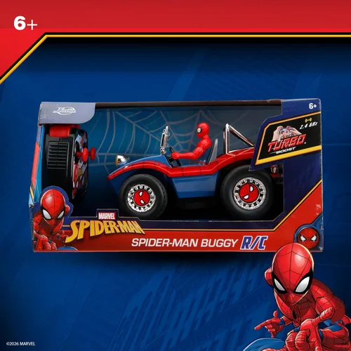 Vista 2 de Jada Spider-Man Buggy RC con figura de Spider-Man no extraíble – 7 pulgadas, botón turbo, control remoto de función completa, a partir de 6 años