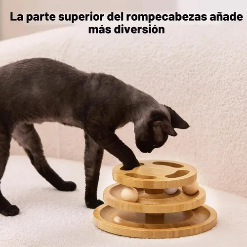 Vista 3 de ZOMISIA Juguete de Pista de Bola para Gatos con Rompecabezas en la Parte Superior y Campana DIY, Juguetes de Madera para Gatos de Interior, Torre
