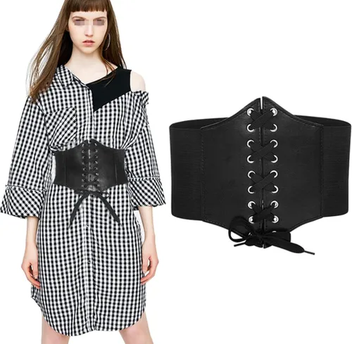 Vista 9 de Negro elástico mujeres atado Waspie corsé cintura cinturón PU cuero adelgazamiento cuerpo cintura superior bajo busto Cinch vestido Faja cordón
