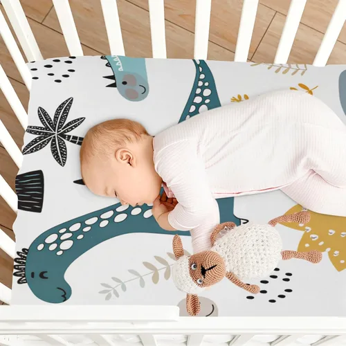Vista 7 de Sábanas ajustables para cuna para niños y niñas, suaves, transpirables, cómodas, estilo dinosaurio, escandinavo, juego de sábanas para cuna estándar