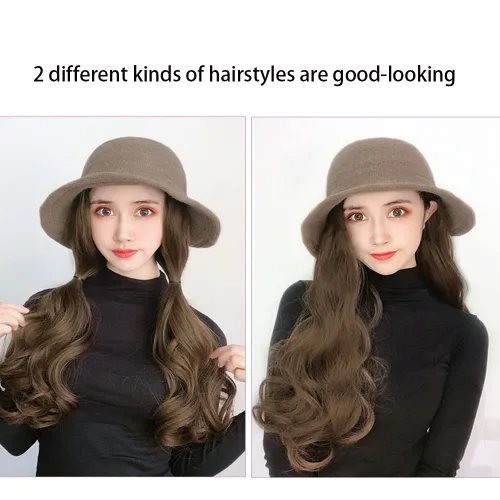 Vista 4 de Sombrero con extensión de cabello peinado largo ondulado para mujeres y niñas