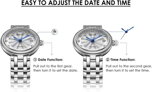 Vista 7 de GeYa Silver Watch for Women Dainty Ladies Analog Quartz Wristwatch with Date & Diamond Dial, Stainless Steel Bracelet Water Resistant for Petite