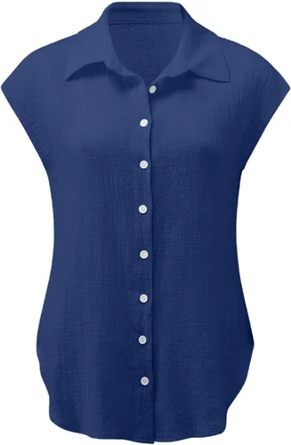 Vista 8 de Ceboyel Camisas para mujer de moda de verano, algodón, lino, manga corta, cuello con botones, blusa casual para mujer 2023