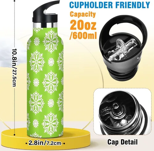 Vista 2 de Botella de agua deportiva con diseño de copo de nieve a prueba de fugas y sin BPA, con tapa con popote que mantiene el calor y el frío