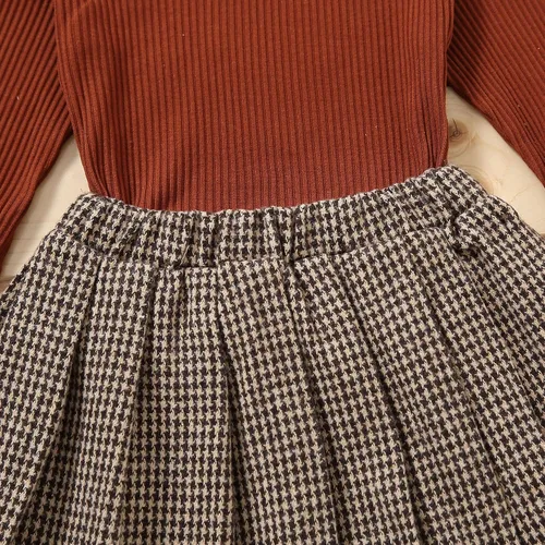 Vista 5 de Conjunto de ropa de dos piezas para niña pequeña, suéter de manga larga y faldas a cuadros, trajes de otoño e invierno