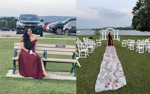 Vista 6 de Miao Duo Vestidos largos de graduación con hombros descubiertos para mujer, con abertura de encaje, apliques de gasa, vestidos formales de fiesta