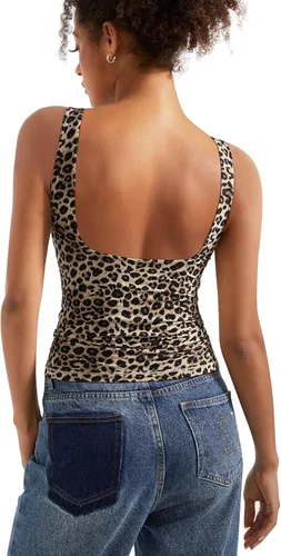 Vista 29 de SUUKSESS Camisetas sin mangas con respaldo abierto y cuello barco acolchado para mujer, con doble forro, camisas básicas Negro (Black Polka Dots)