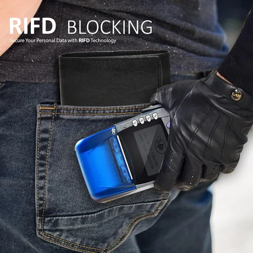 Vista 58 de Cartera de cuero RFID hecha a mano para hombres, elegante cartera de bolsillo frontal triple con 2 ranuras para identificación y 9 tarjetas, Azul