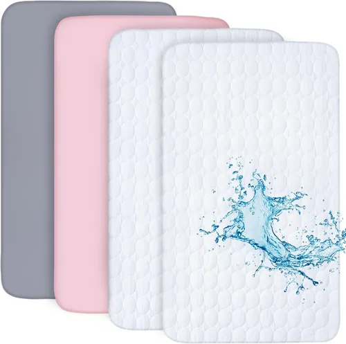 Vista 11 de Pack and Play - Juego de sábanas y protectores de colchón, paquete de 4, color gris 4-Piece Set: 2 Waterproof Quilted Covers + 2 Soft Sheets, Fits