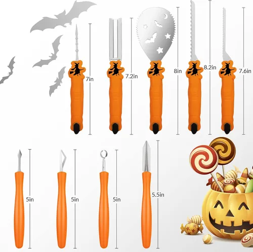 Vista 2 de Kit de tallado de calabaza para Halloween, juego profesional de tallado resistente, herramienta de escultura de acero inoxidable cuchillo