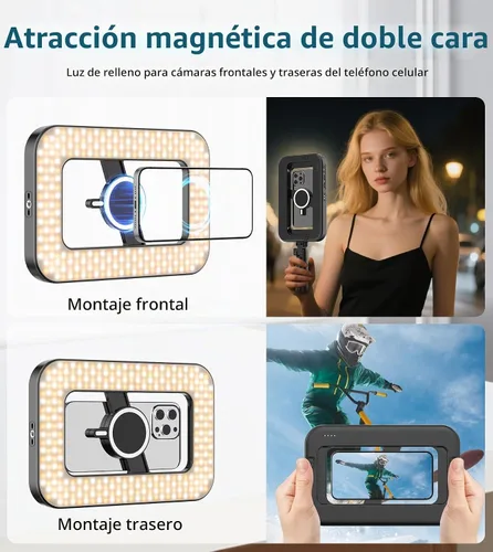 Vista 3 de Anillo de luz selfie magnético de 6000mAh RGB para iPhone, luz de teléfono recargable de 448 LED con soporte de trípode mini, estabilizador de mano