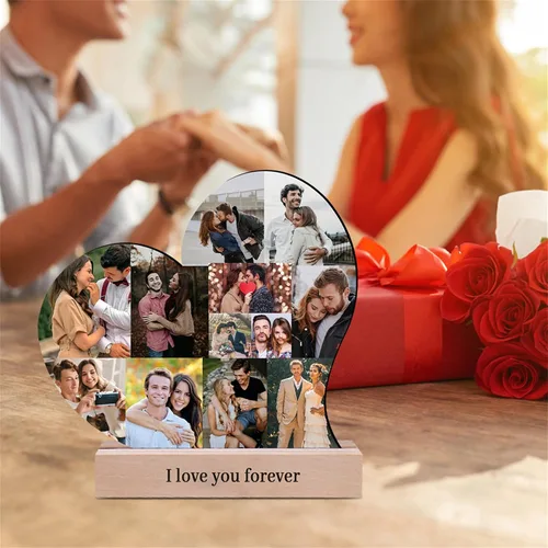 Vista 5 de Marco de fotos personalizado con collage de corazón, placa de madera con base para el día de San Valentín, boda, aniversario, cumpleaños, decoración
