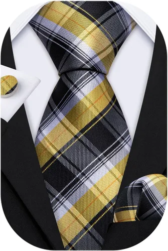Vista 52 de Barry.Wang Juego de corbatas a cuadros para hombre con pañuelo gemelos de rayas clásicas