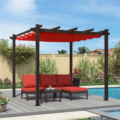 Vista 30 de PURPLE LEAF Pérgola de 10 x 12 pies con toldo retráctil, pérgola cuadrada de bronce de aluminio para patio al aire libre, junto a la piscina, beige