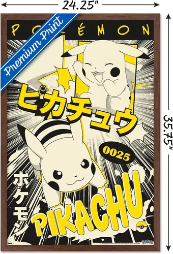 Vista 3 de Trends International Pokémon - Póster de pared de anime Pikachu, 22.37 x 34.00 pulgadas, versión enmarcada de caoba