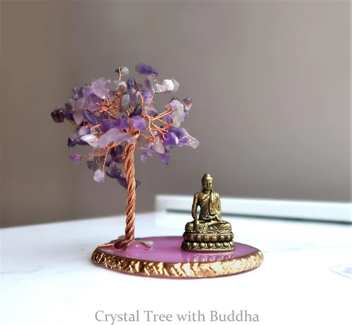 Vista 2 de Estatua de Buda con Árbol de Cristal Sanador, Árbol de la Vida para Energía Positiva. Decoración del Hogar para Yoga y Meditación. Amatista.(A)