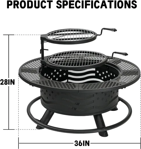Vista 6 de Panovue - Fogata de 36 pulgadas con 2 rejillas de cocina, parrilla de acero redonda para leña al aire libre, con tapa, para barbacoa, fogata, pícnic