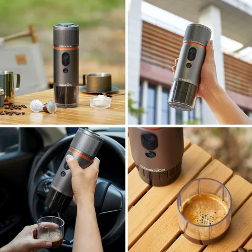 Vista 7 de CONQUECO Máquina de café espresso portátil: 12V eléctrica pequeña máquina de viaje Expresso - Autocalentamiento 8 tazas funciona