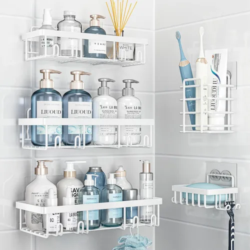 Vista 17 de Liuoud Shower Caddy 5 Pack XL-Size Adhesive Stainless Steel Organizer XL Capacity, With Strong Adhesive, Rustproof, No Drilling Wall Mount Shelvs