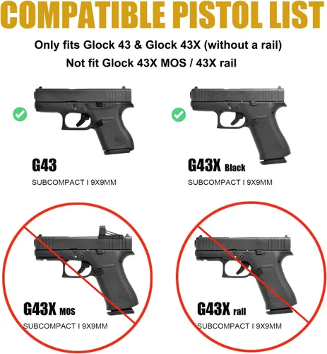 Vista 2 de Funda OWB compatible con Glock 43/43X (solo compatible con modelos estándar), no compatible con versiones MOS 43X o riel, clip de cinturón ajustable
