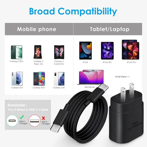 Vista 7 de Bloque de Carga Rápida USB-C de 25W con Cable C a C [Compatible con PD PPS] para Galaxy S24/S23/S22, Pixel 8/7, Z Flip 5, iPhone 17/16/15 - Cargador