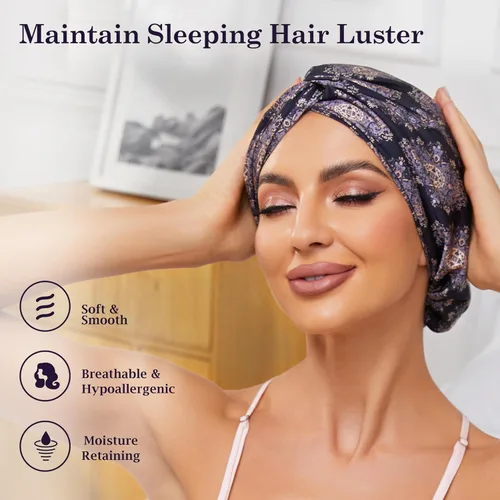 Vista 15 de Gorro de satén de seda ajustable para envolver el cabello para dormir, gorro de dormir de doble capa, turbante nocturno para cabello largo y rizado