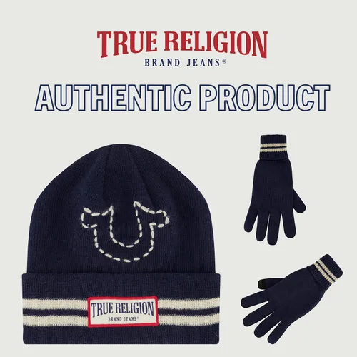 Vista 6 de True Religion Beanie Hat and Gloves Set, Cuffed Winter Knit Cap with Stitched Yarn Horseshoe Logo and Fleece Lined Mittens