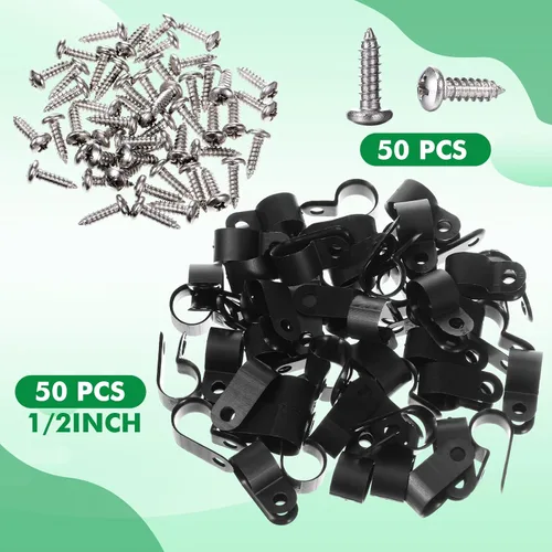 Vista 5 de Hicarer Paquete de 50 abrazaderas de cable tipo R, clips de sujeción de cable de montaje de tornillo de nailon con 50 tornillos para gestión de Negro