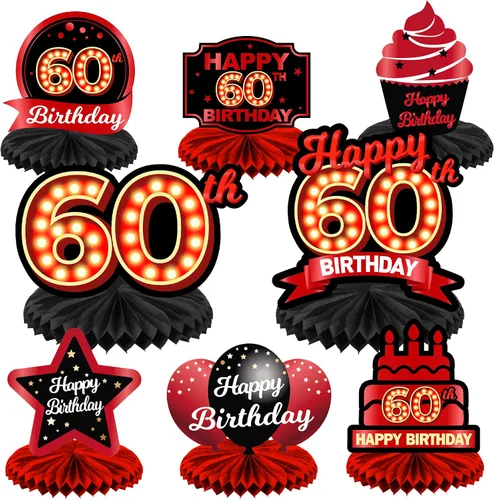 Vista 45 de Feliz 45 cumpleaños rojo y negro centros de mesa de panal de abeja decoraciones de globos decoración de mesa centros de mesa para niñas mujeres