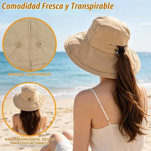 Vista 3 de Sombrero de ala ancha impermeable UPF 50+ para mujer con agujero para cola Camello