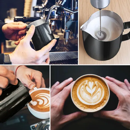 Vista 2 de Jarra de leche espumosa, jarra de leche espumosa de acero inoxidable de 12 onzas / 11.8 fl oz con bolígrafo Latte Art, con medidas internas