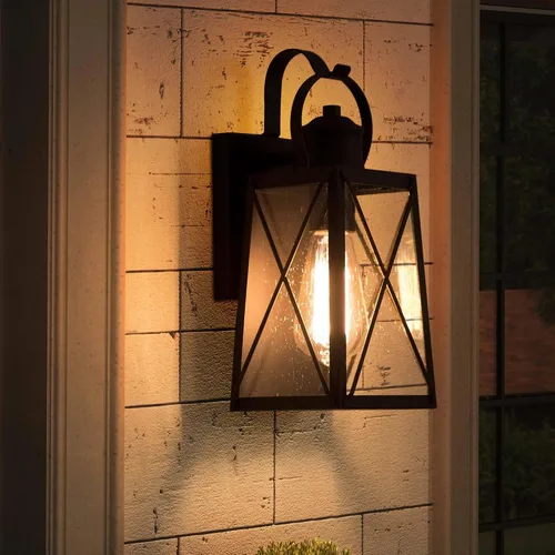 Vista 2 de Luces de pared para exteriores, apliques de pared exterior con vidrio semillado, faroles de bronce impermeables y antioxidantes para puerta